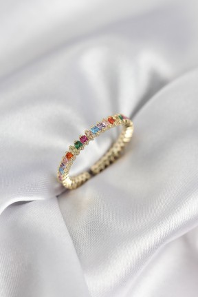 Sıralı Karışık Renkli Gold Renk Zirkon Taşlı Kadın Yüzük