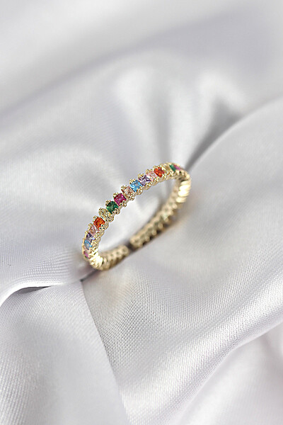 Sıralı Karışık Renkli Gold Renk Zirkon Taşlı Kadın Yüzük Sıralı Karışık Renkli Gold Renk Zirkon Taşlı Kadın Yüzük