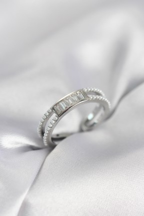 Baget Zirkon Taşlı Gümüş Renk İncili Kadın Yüzük