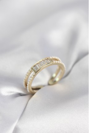 Baget Zirkon Taşlı Gold Renk İncili Kadın Yüzük