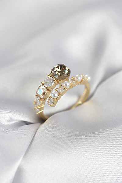 Gold Renk Pirinç Zirkon Taşlı İncili Kadın Yüzük