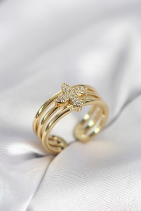 Gold Renk Zirkon Taşlı Yonca Model Kadın Yüzük Gold Renk Zirkon Taşlı Yonca Model Kadın Yüzük