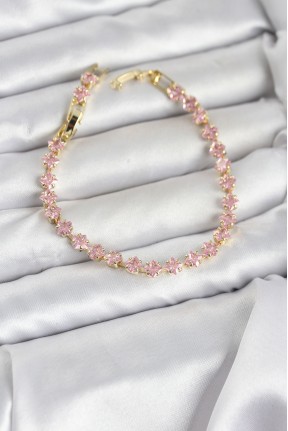 Pembe Kare Zirkon Taşlı Gold Renk Pirinç Su Yolu Kadın Bileklik