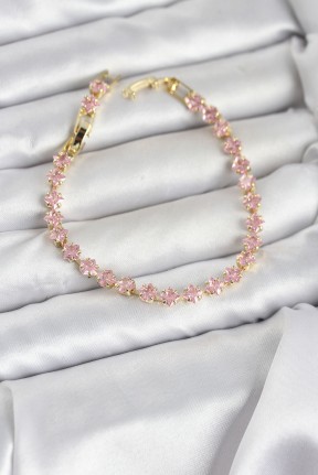 Pembe Kare Zirkon Taşlı Gold Renk Pirinç Su Yolu Kadın Bileklik Pembe Kare Zirkon Taşlı Gold Renk Pirinç Su Yolu Kadın Bileklik
