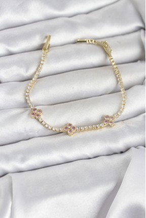 Pembe Yonca Detaylı Zirkon Taşlı Gold Renk Pirinç Su Yolu Kadın Bileklik