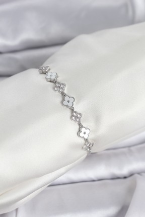 Gümüş Renk Zirkon Taşlı Sıralı Yonca Model Asansörlü Kadın Bileklik