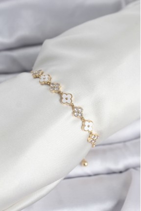 Gold Renk Zirkon Taşlı Sıralı Yonca Model Asansörlü Kadın Bileklik Gold Renk Zirkon Taşlı Sıralı Yonca Model Asansörlü Kadın Bileklik