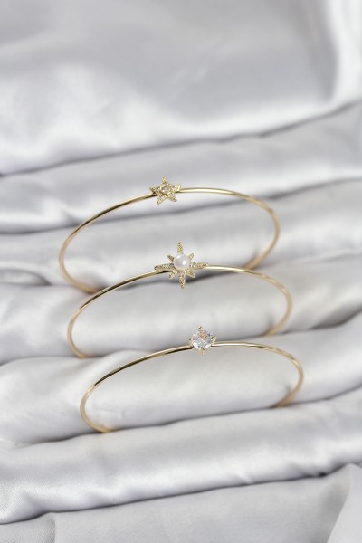Gold Renk Kutup Yıldızı Model Zirkon Taşlı 3'lü Kadın Bileklik Kombini
