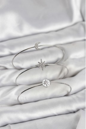 Gümüş Renk Zirkon Taşlı Kutup Yıldızı Model 3'lü Kadın Bileklik Kombini