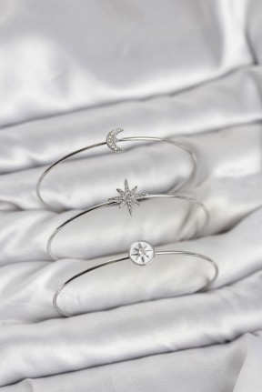 Gümüş Renk Zirkon Taşlı Kutup Yıldızı Model 3'lü Kadın Bileklik Kombini