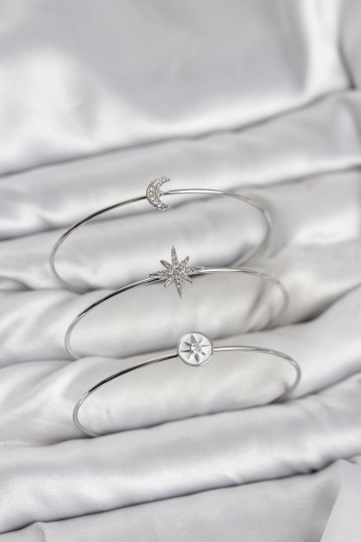 Gümüş Renk Zirkon Taşlı Kutup Yıldızı Model 3'lü Kadın Bileklik Kombini