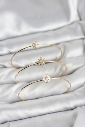 Gold Renk Zirkon Taşlı Kutup Yıldızı Model 3'lü Kadın Bileklik Kombini