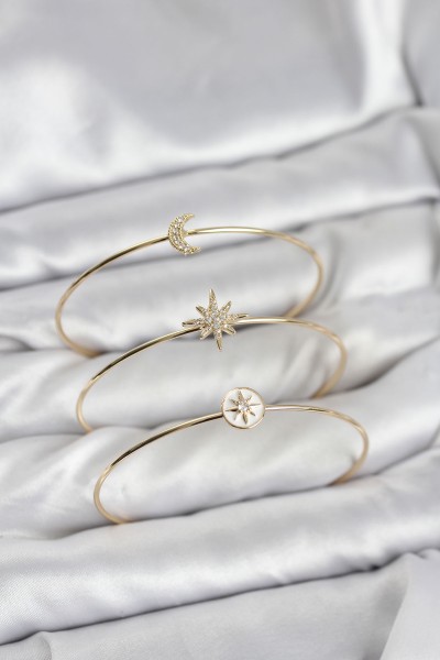 Gold Renk Zirkon Taşlı Kutup Yıldızı Model 3'lü Kadın Bileklik Kombini