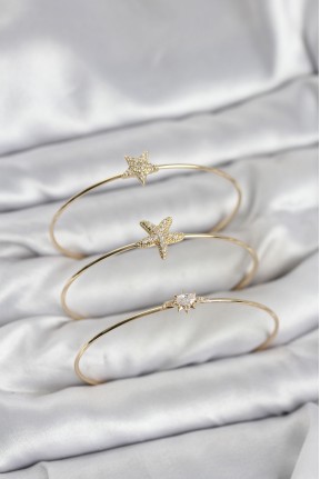 Gold Renk Zirkon Taşlı Deniz Yıldızı Model 3'lü Kadın Bileklik Kombini