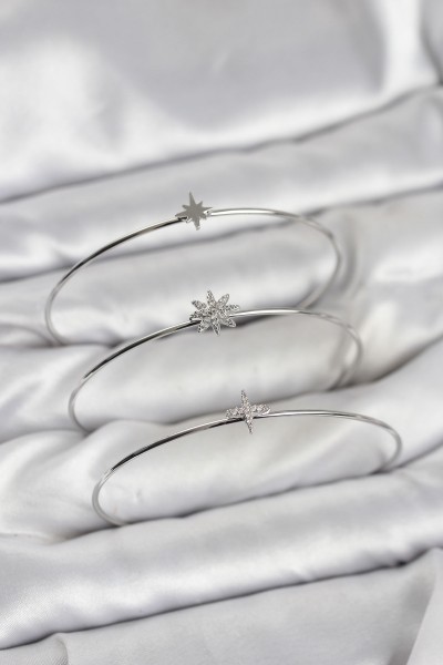 Zirkon Taşlı Kutup Yıldızı Model Gümüş Renk 3'lü Kadın Bileklik Kombini