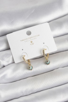 Minimal Nazarlı Model Gold Renk Zirkon Taşlı Kadın Küpe