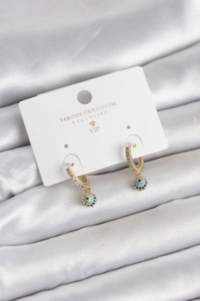 Minimal Nazarlı Model Gold Renk Zirkon Taşlı Kadın Küpe