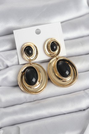 Siyah Sallantılı Damla Model Gold Renk Vintage Kadın Küpe