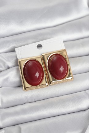 Bordo Kare Model Vintage Gold Renk Kadın Küpe