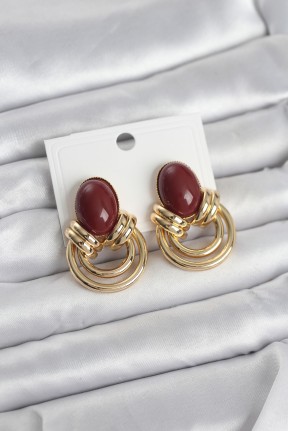 Pirinç Gold Renk Bordo Taşlı Vintage Kadın Küpe Pirinç Gold Renk Bordo Taşlı Vintage Kadın Küpe