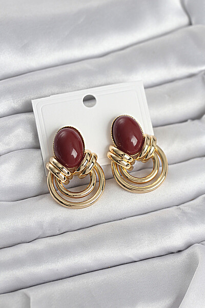 Pirinç Gold Renk Bordo Taşlı Vintage Kadın Küpe Pirinç Gold Renk Bordo Taşlı Vintage Kadın Küpe