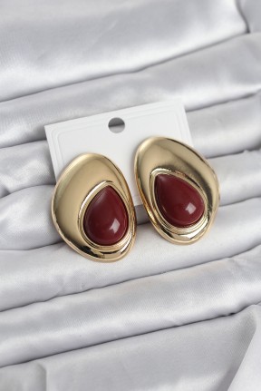 Pirinç Gold Renk Bordo Taşlı Damla Model Vintage Kadın Küpe Pirinç Gold Renk Bordo Taşlı Damla Model Vintage Kadın Küpe