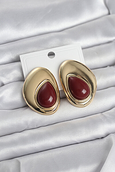 Pirinç Gold Renk Bordo Taşlı Damla Model Vintage Kadın Küpe