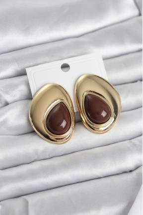 Pirinç Gold Renk Kahverengi Taşlı Damla Model Vintage Kadın Küpe