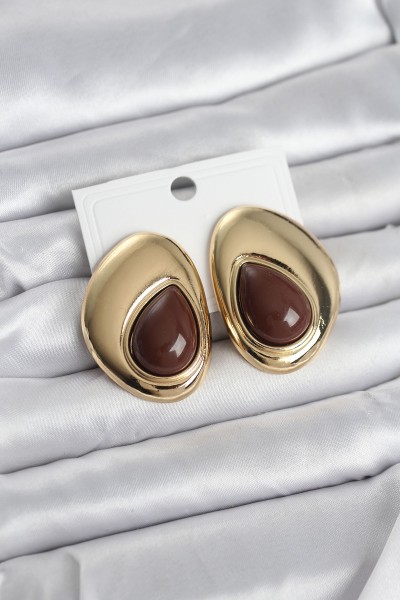 Pirinç Gold Renk Kahverengi Taşlı Damla Model Vintage Kadın Küpe