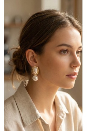 Pirinç Gold Renk Model İncili Kadın Küpe Pirinç Gold Renk Model İncili Kadın Küpe