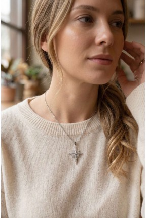 316l çelik Gümüş Renk Zirkon Taşlı Kutup Yıldızı Model Kolye