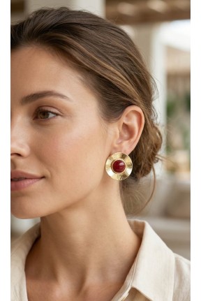 Vintage Model Bordo Gold Renk Pirinç Kadın Küpe