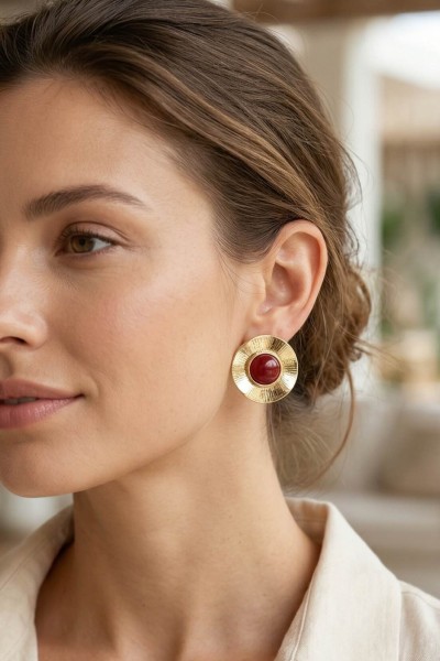 Vintage Model Bordo Gold Renk Pirinç Kadın Küpe