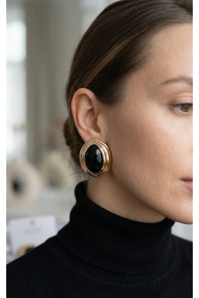 Pirinç Siyah Badem Model Vintage Gold Kadın Küpe