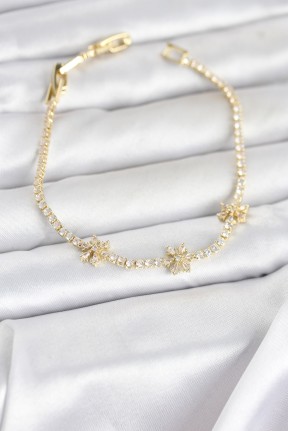 Pirinç Gold Renk çiçek Model Zirkon Taşlı Su Yolu Kadın Bileklik