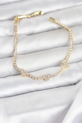 Pirinç Gold Renk Kalp Model Zirkon Taşlı Su Yolu Kadın Bileklik