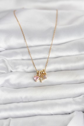 316l çelik Gold Pembe Zirkon Taşlı Charmlı Kadın Kolye