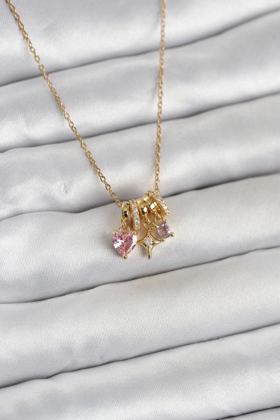 316l çelik Gold Pembe Zirkon Taşlı Charmlı Kadın Kolye