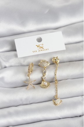 Pirinç Gold Renk Zirkon Taşlı Deniz Temalı 3'lü Kadın Küpe