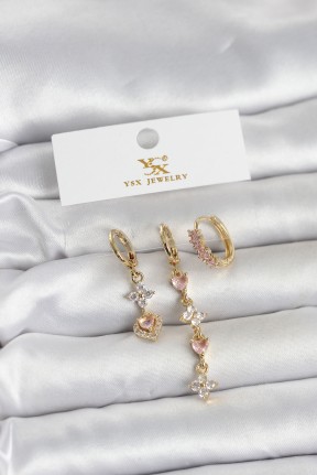 Pirinç Gold Renk Pembe Zirkon Taşlı 3'lü Kadın Küpe