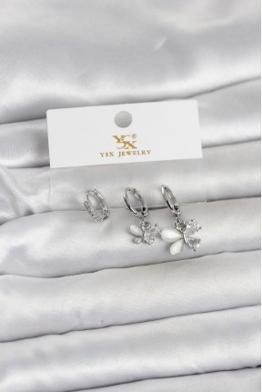 Pirinç Gümüş Renk Kelebek Model 3'lü Kadın Küpe