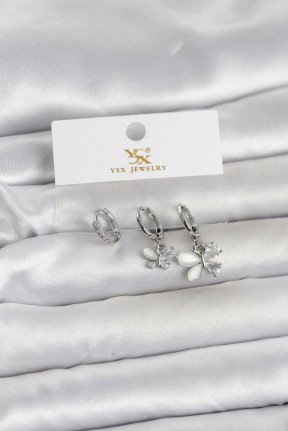 Pirinç Gümüş Renk Kelebek Model 3'lü Kadın Küpe