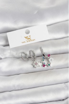 Pirinç Gümüş Renk çiçek Model 3'lü Kadın Küpe