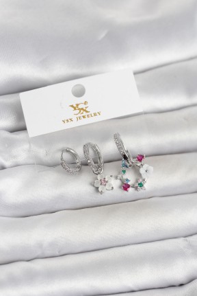 Pirinç Gümüş Renk çiçek Model 3'lü Kadın Küpe
