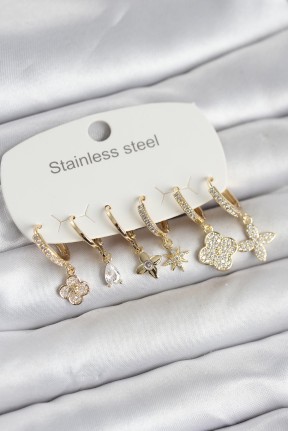 316l çelik Gold Renk 6'lı Set Yonca Model Kadın Küpe