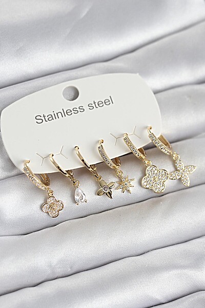 316l çelik Gold Renk 6'lı Set Yonca Model Kadın Küpe