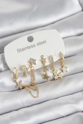 316l çelik Gold Renk 6'lı Set Zincirli Yıldız Modelli Kadın Küpe