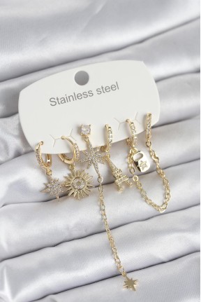 316l çelik Gold Renk 6'lı Set Charmlı Kadın Küpe