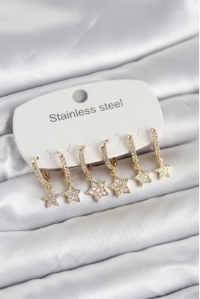 316l çelik Gold Renk 6'lı Set Yıldız Model Kadın Küpe