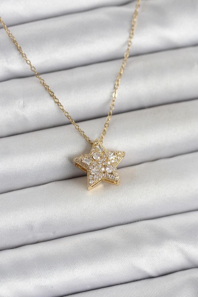 316l çelik Zincir Gold Renk Zirkon Taşlı Yıldız Model Kadın Kolye